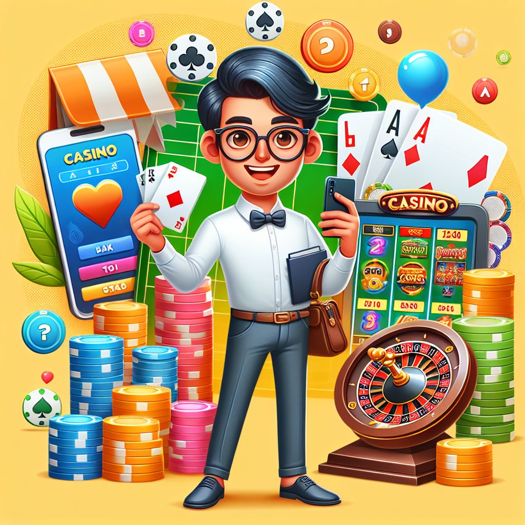 Taka66 casino cartoon character with chips, cards, and slot symbols in a bright gaming lobby