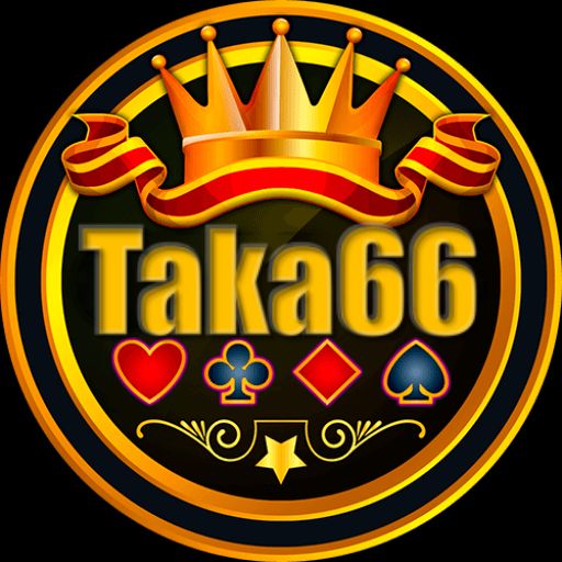 Taka66 cartoon characters celebrating winnings with coins and a mobile casino app