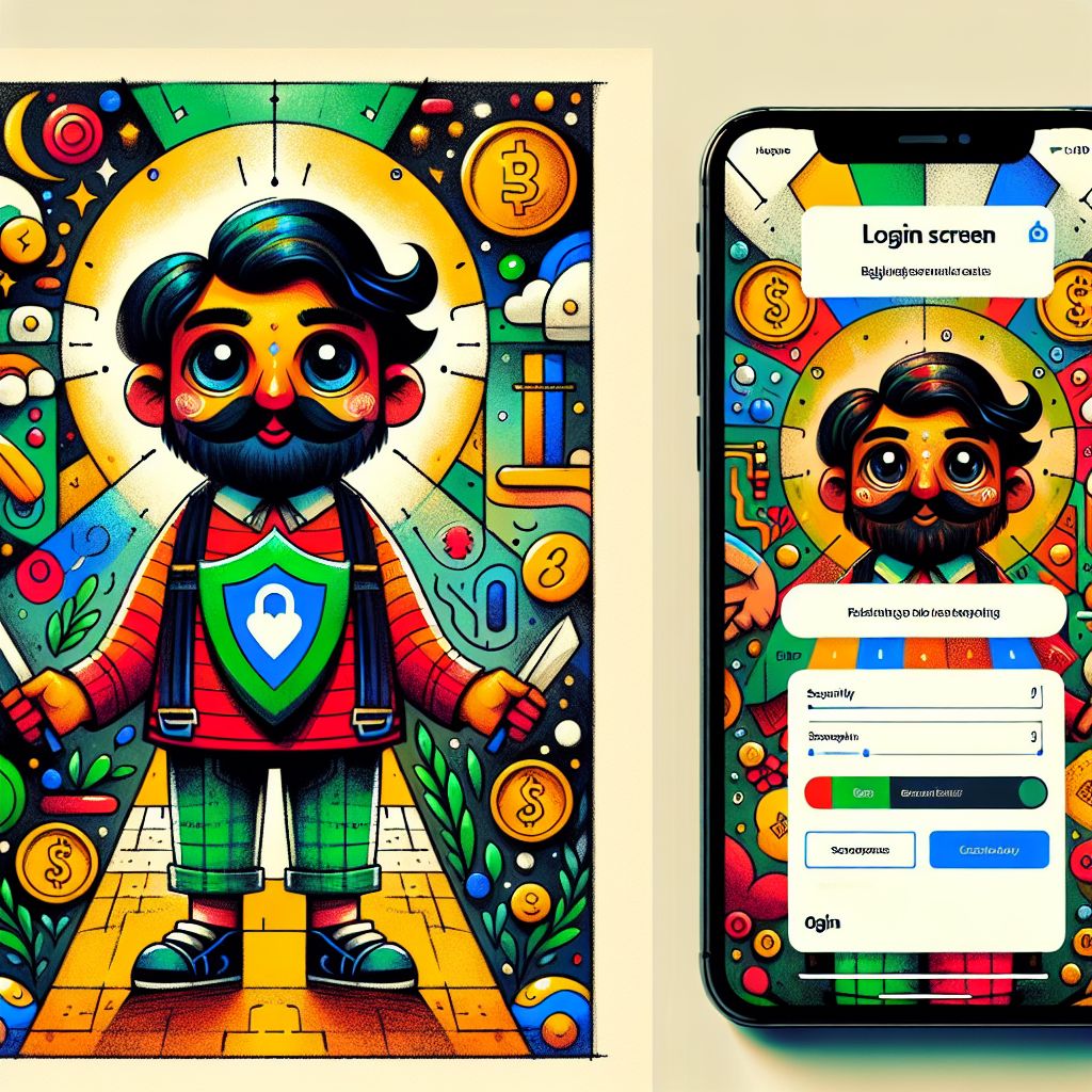 Taka66 themed cartoon character signing in on a smartphone with shield and coins